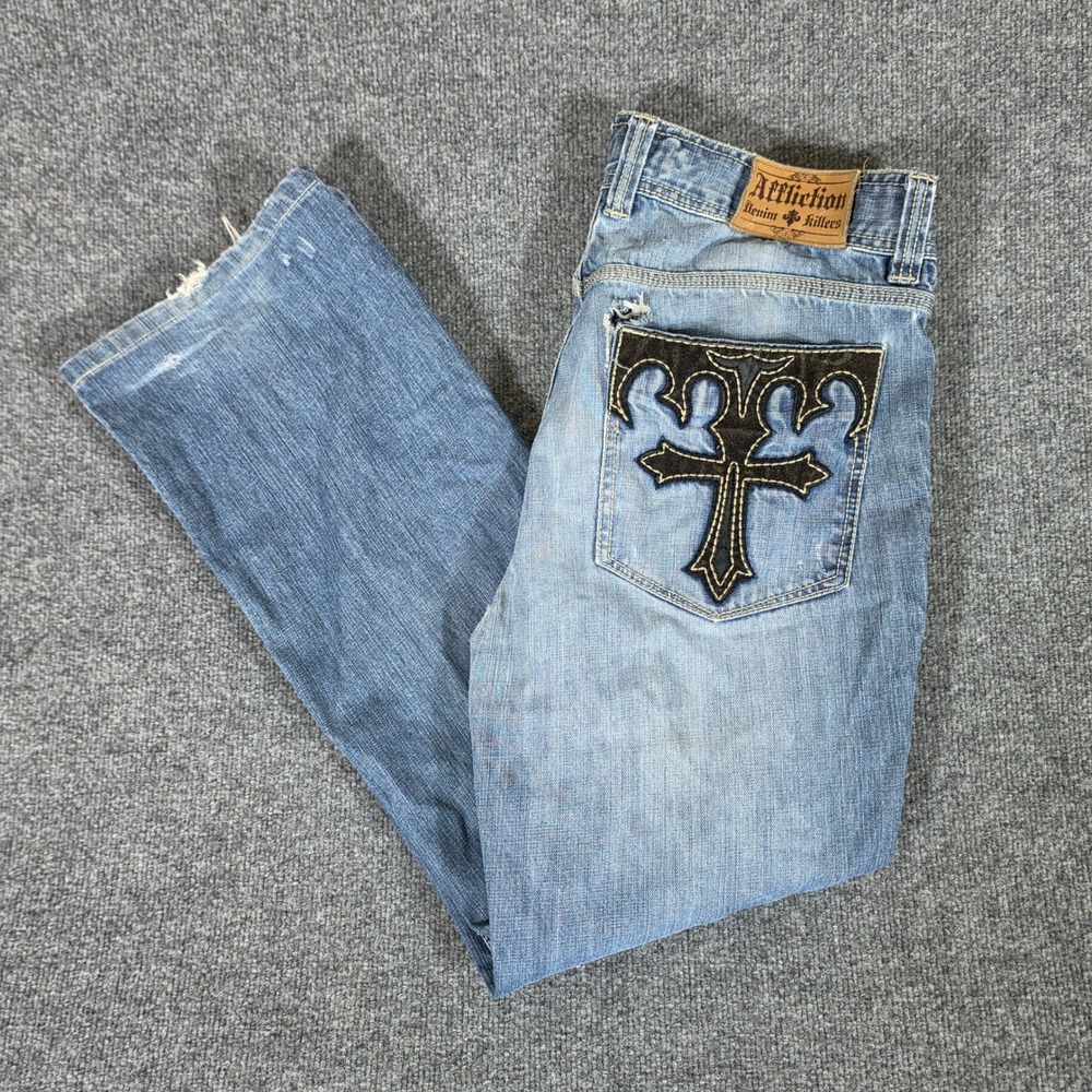 Y2K 2000s Affliction Denim Killers Mens Blue Distressed Cross Jeans Tagged 36x34
